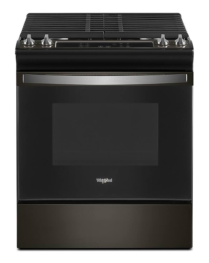 Whirlpool WEG515S0LV black stainless gas range front view