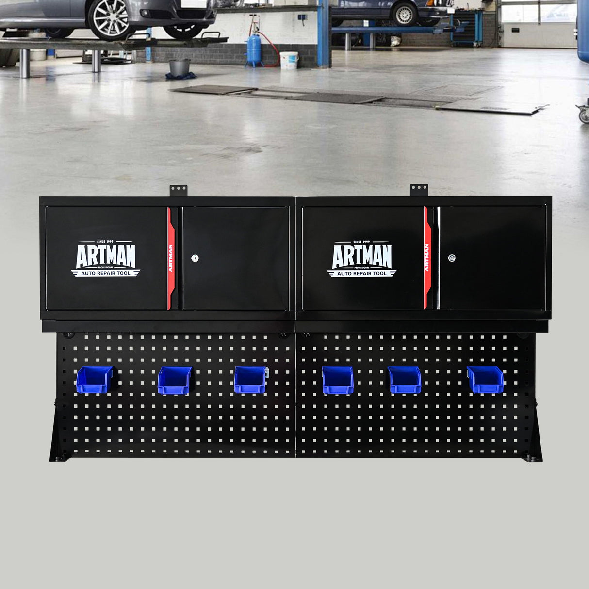 Wall Mounted Double Door Storage Cabinet With Tool Rack And Hooks, Stainless Steel - Black / Red