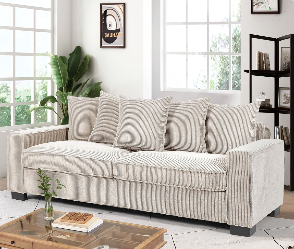 Luxe Sofa With 5 Matching Toss Pillows, Sleek Design, Spacious And Comfortable 3 Seater Couch