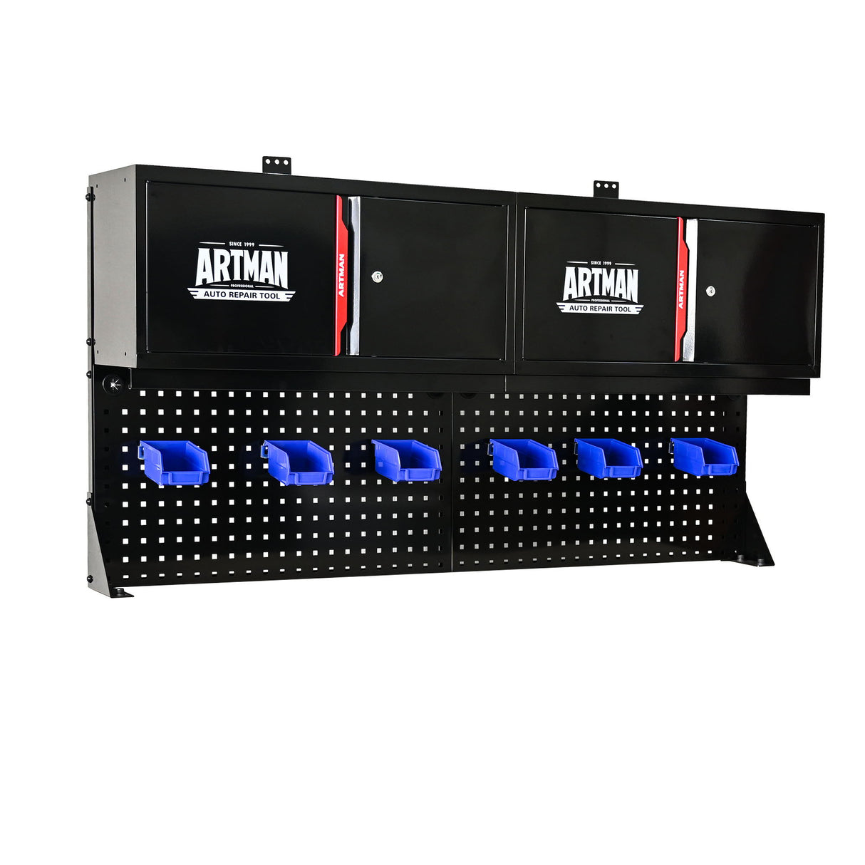 Wall Mounted Double Door Storage Cabinet With Tool Rack And Hooks, Stainless Steel - Black / Red