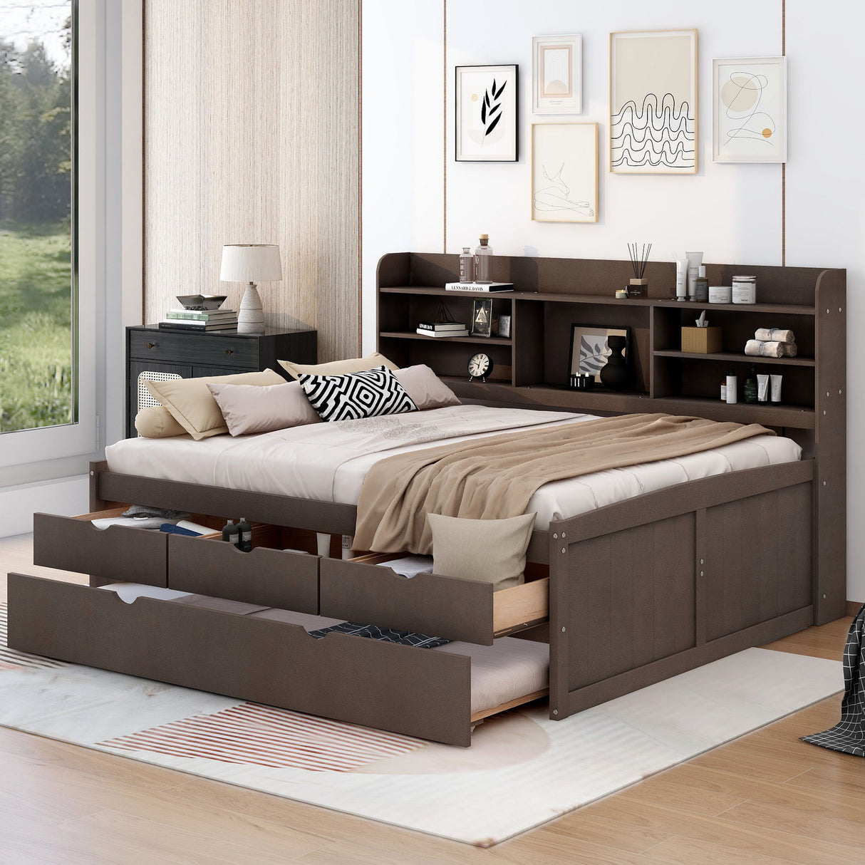 Captain Bed With Built In Bookshelves, 3 Storage Drawers, And Trundle