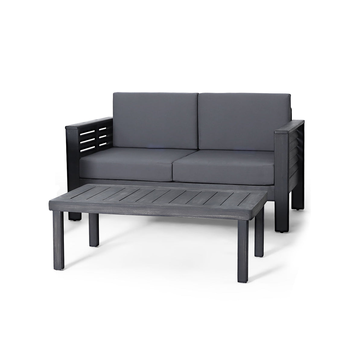 Acacia Wood Loveseat And Coffee Table Set With Cushions