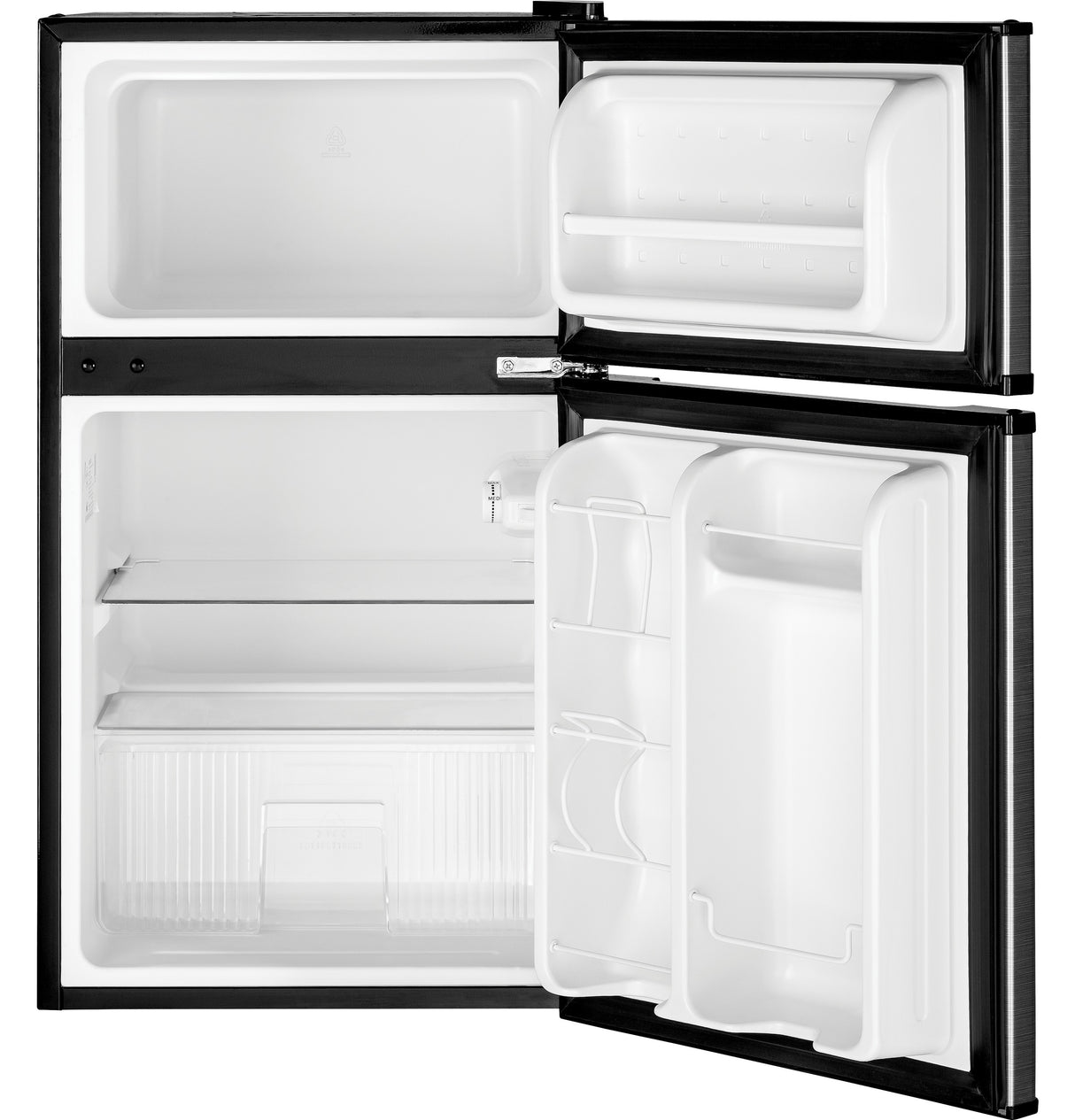 GE GDE03GLKLB - 19 in. 3.1 cu. ft. Mini Fridge with Top Freezer - Clean Steel Double-Door Compact Refrigerator