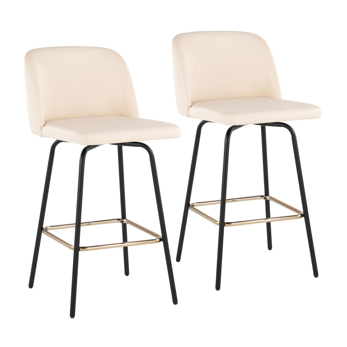 Toriano - Fixed-Height Counter Stool (Set of 2) - Black Metal, Cream Faux Leather, Gold Metal