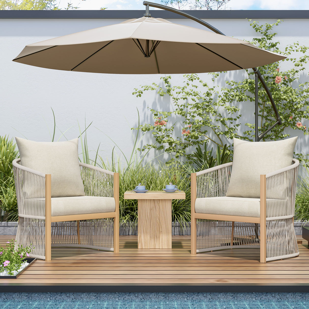 Modern Curved Aluminum Lounge Chair With Stylish Rope Weave Design And Cushioned Comfort For Outdoor