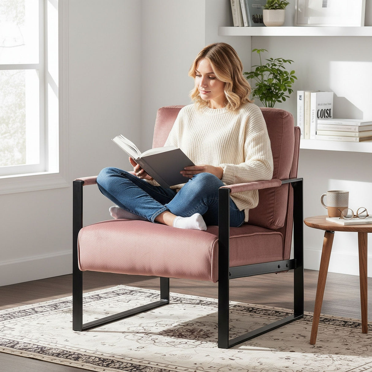 Classic Mid Century Modern Accent Chair With Durable Square Metal Frame, Armchair