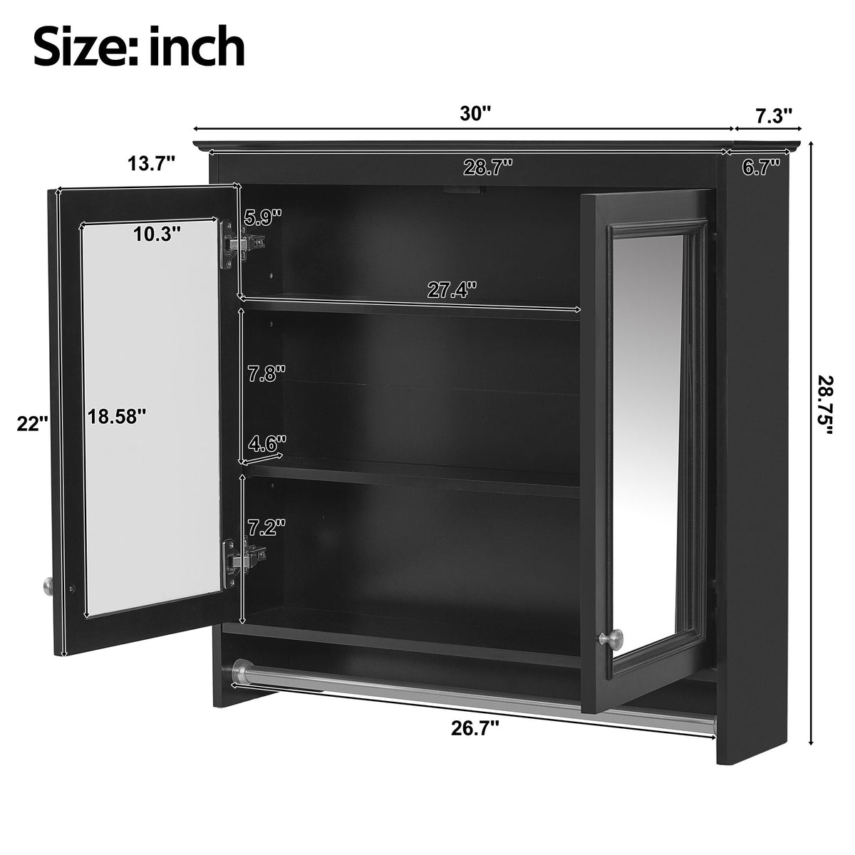 Wall Mounted Mirror Cabinet With Adjustable Shelves, Soft Close Doors, High Definition Mirror - Black