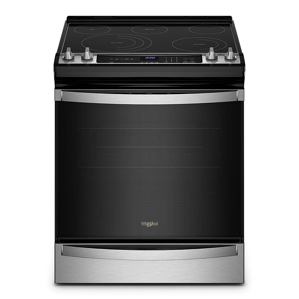 Whirlpool WEE745H0LZ stainless slide-in electric range front view