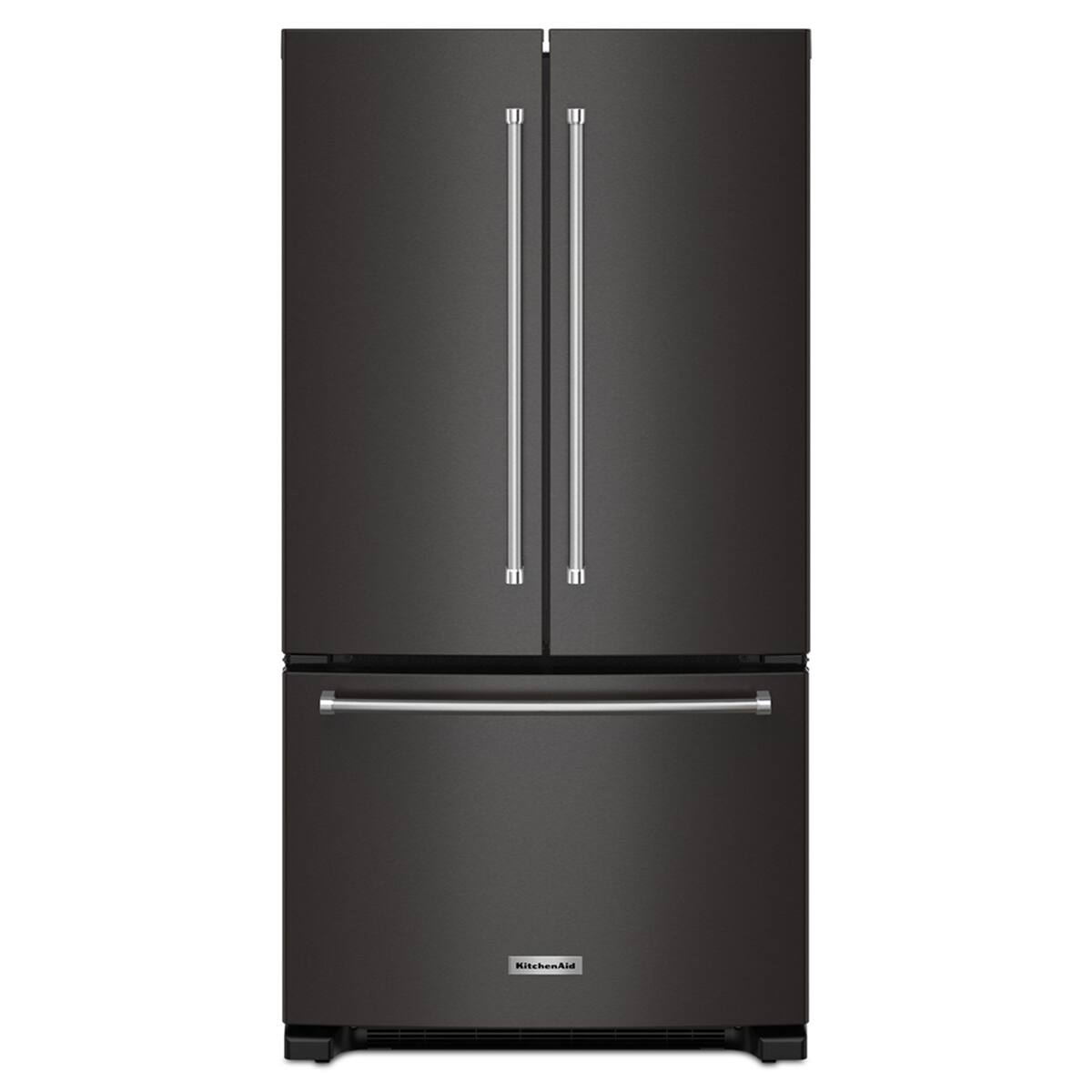 KitchenAid KRFC136RBS black stainless counter-depth French door refrigerator front view