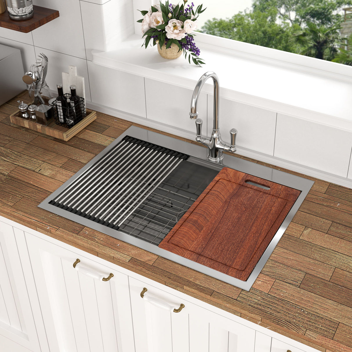 Topmount Stainless Steel Kitchen Sink With Workstation Ledge And Accessories