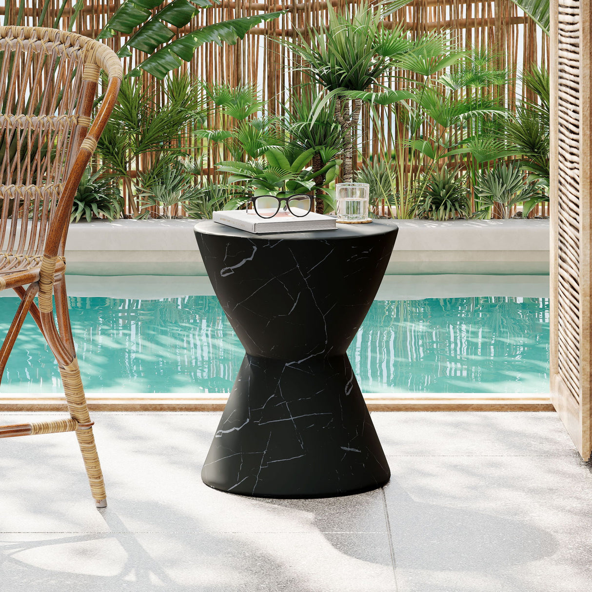 Outdoor Lightweight Concrete Side / End Table, Living Room Accent Table - Black Marble