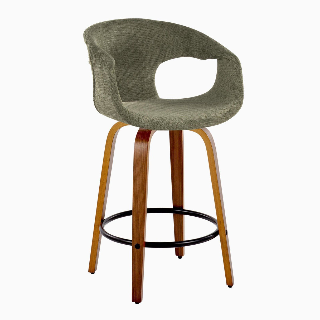 Curvo - 26" Fixed-Height Counter Stool With Swivel And Round Metal Footrest (Set of 2) - Walnut Wood