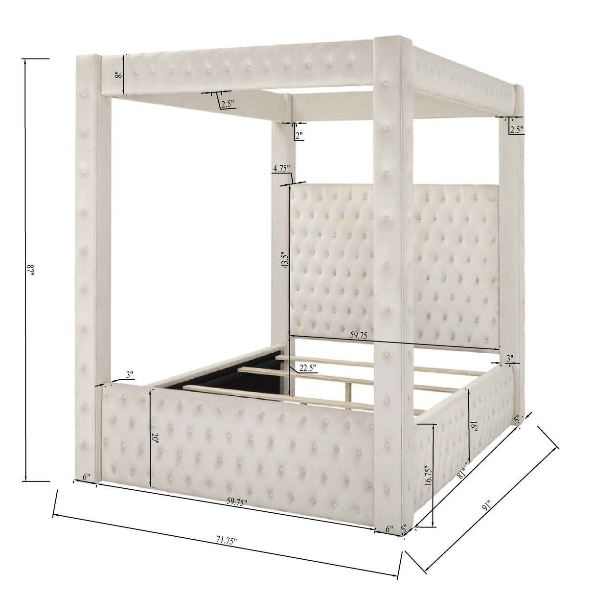 Modern 4 Poster Bed With Tufted Headboard And Footboard