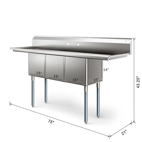 75 in Three Compartment Commercial Sink, Bowl Size 15x15x14, 16 Gauge Stainless-Steel with 2 Drainboards (KM-SC151514-15B316)