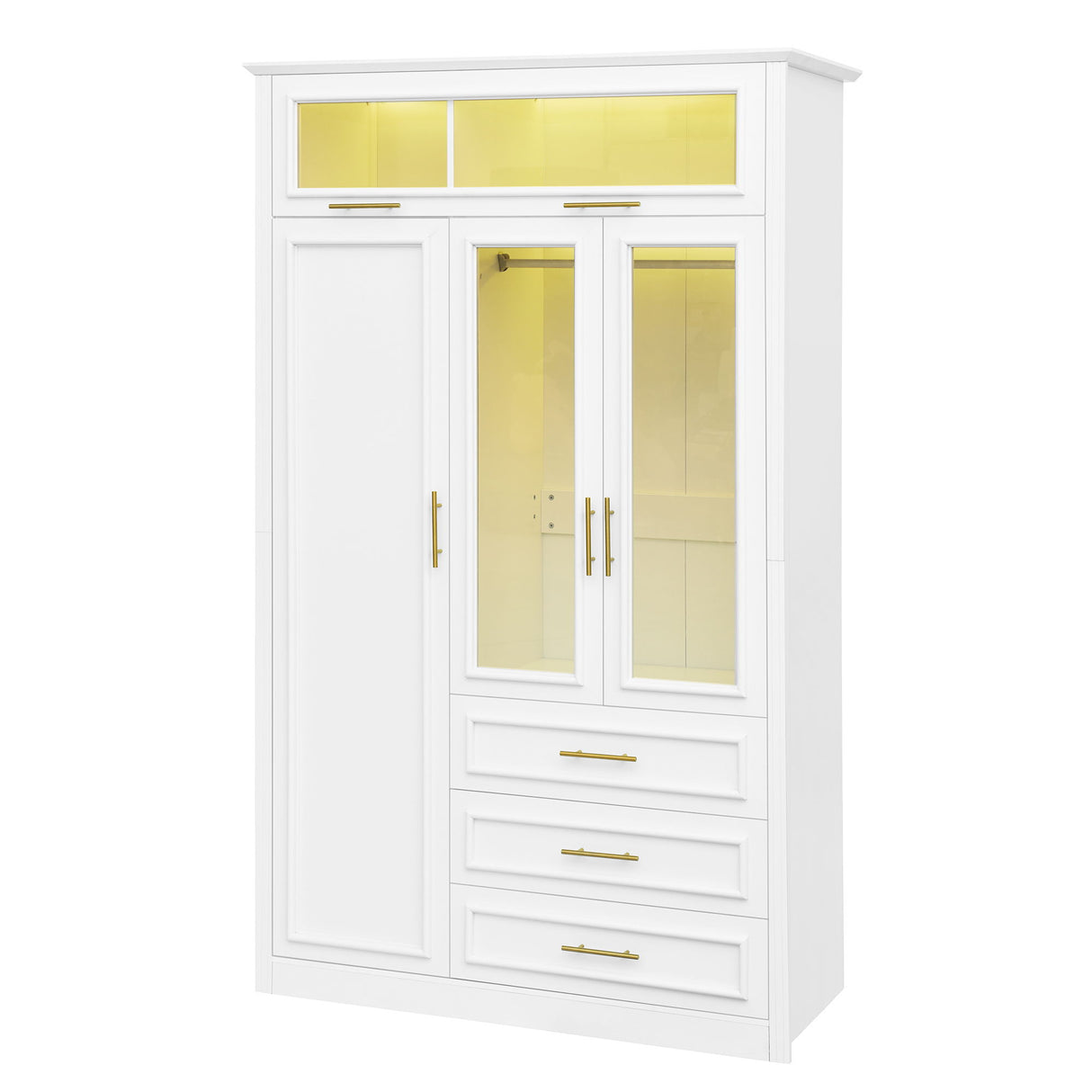 3 Door Wardrobe Armoire With LED Lighting And 3 Drawers - White