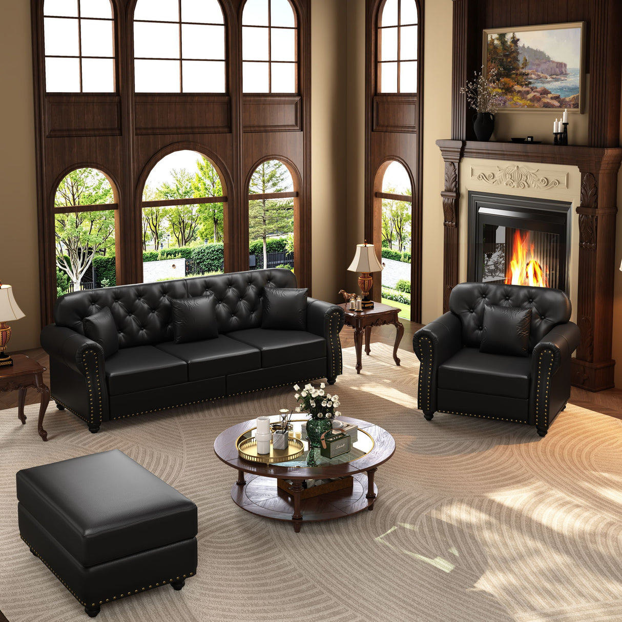 Upholstered Sofa With Nailhead Trim, Rolled Armrests With Ottoman