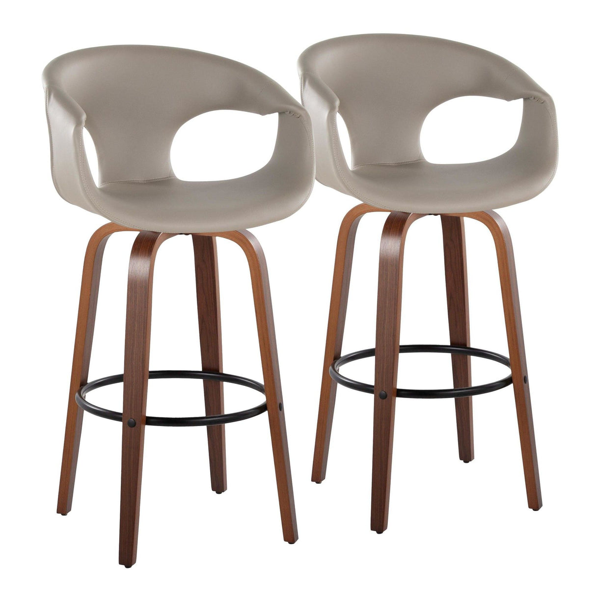 Curvo - 30" Fixed-Height Barstool With Swivel And Round Metal Footrest (Set of 2) - Walnut Wood