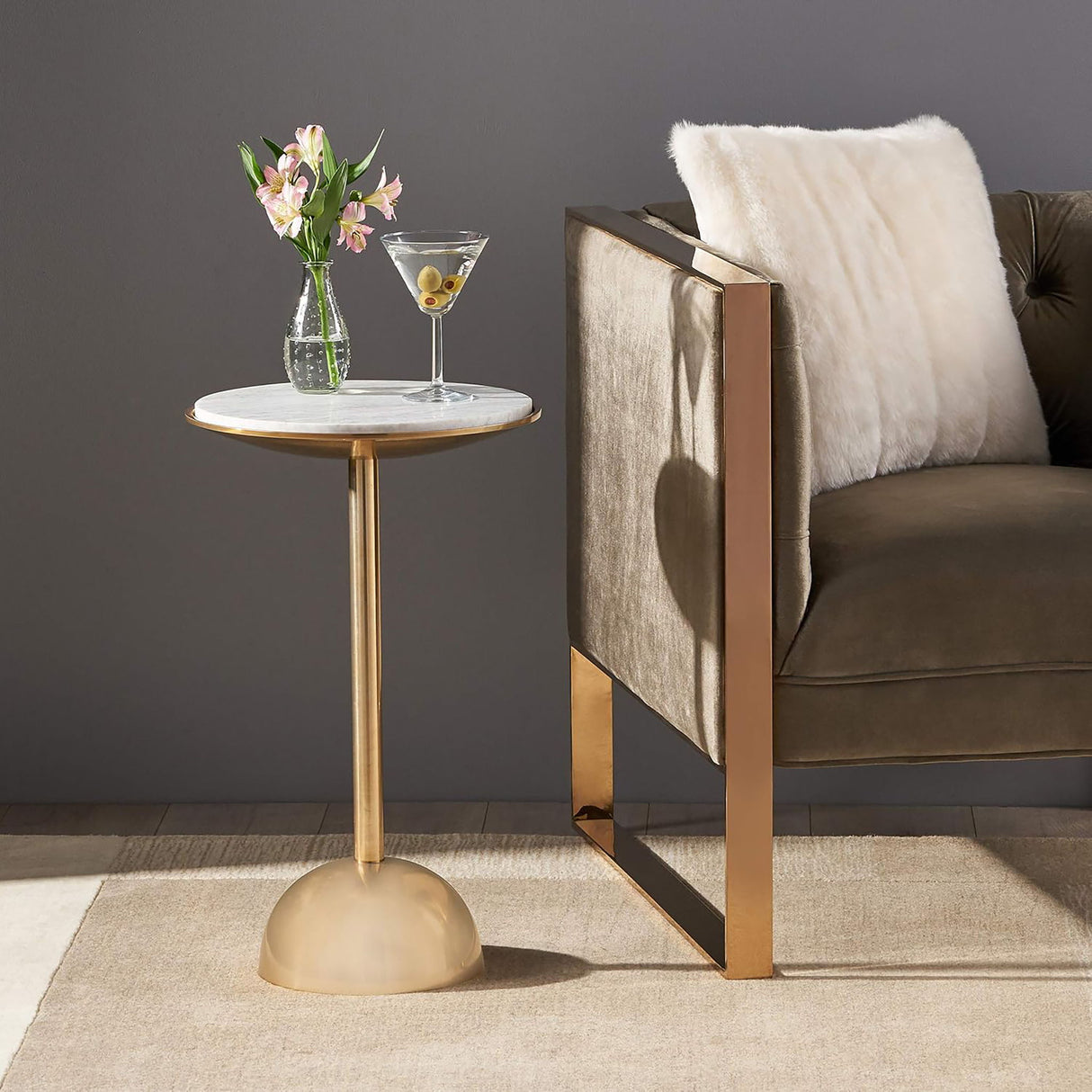 Modern Glam Aluminum Accent Table With Marble Table Top - Antique Brass / White