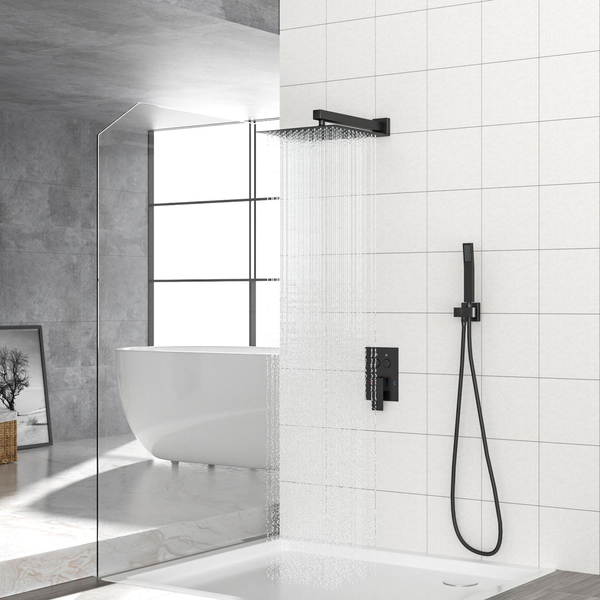 Dual Shower Head System With Square Rain Shower And Rough In Valve