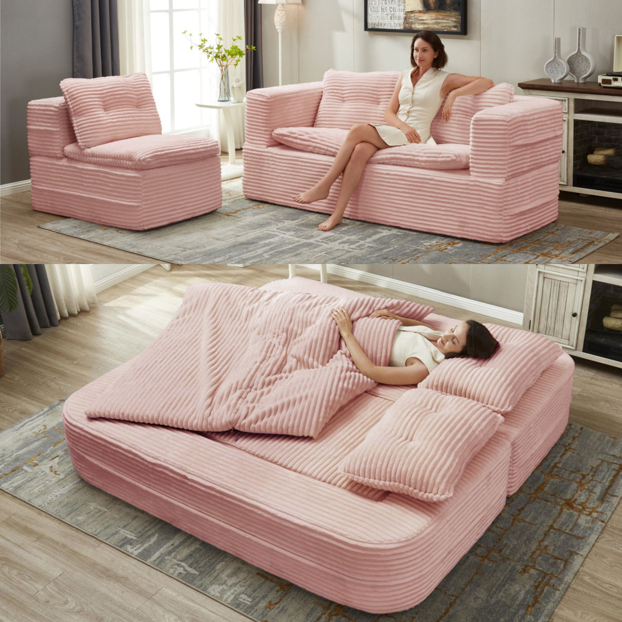 Multi Functional Sectional Sofa Bed With Independent Chaise Lounge And Functional Blanket, Convertible King Size Bed, Deep Seat - Baby Pink