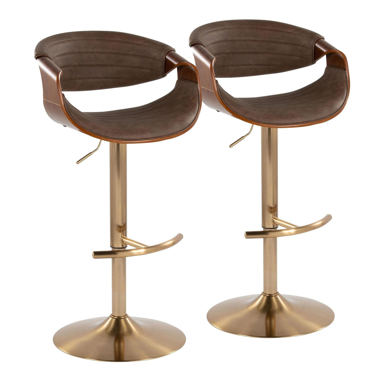 Symphony - Adjustable Barstool With Swivel (Set of 2) - Gold Metal, Walnut Wood, And Espresso Faux Leather With Rounded T Footrest
