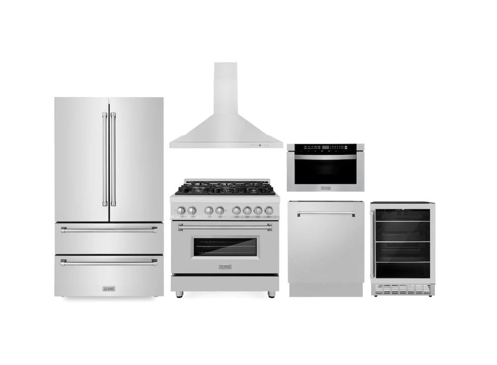 Kitchen Package with Refrigeration, 36" Stainless Steel Dual Fuel Range, 36" Range Hood, Microwave Drawer, 24" Tall Tub Dishwasher and Beverage Fridge - (6KPRRARH36MWDWVRBV) -