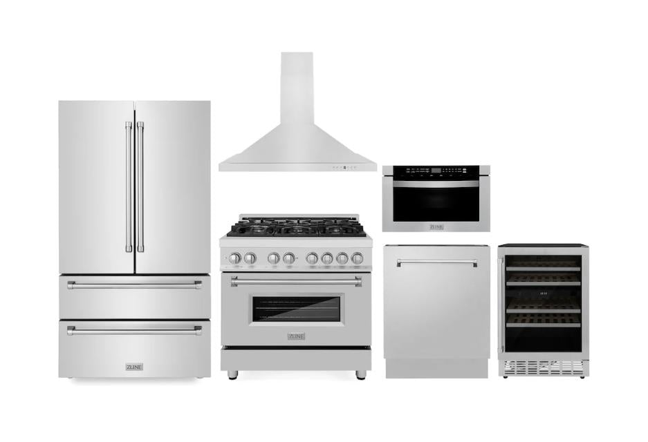 Kitchen Package with Refrigeration, 36" Stainless Steel Dual Fuel Range, 36" Range Hood, Microwave Drawer, 24" Tall Tub Dishwasher and Wine Cooler - (6KPRRARH36MWDWVRWV) -