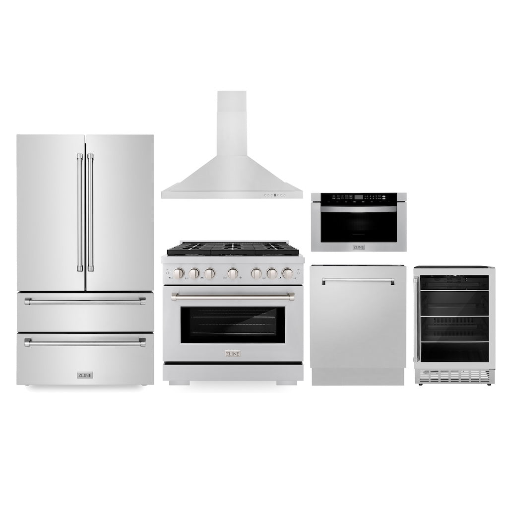 Kitchen Package with Refrigerator, 36 in. Stainless Steel Gas Range, 36 in. Range Hood, Microwave Drawer, 24 in. Tall Tub Dishwasher and Beverage Fridge - (6KPRSGRRH36MWDWVRBV) -