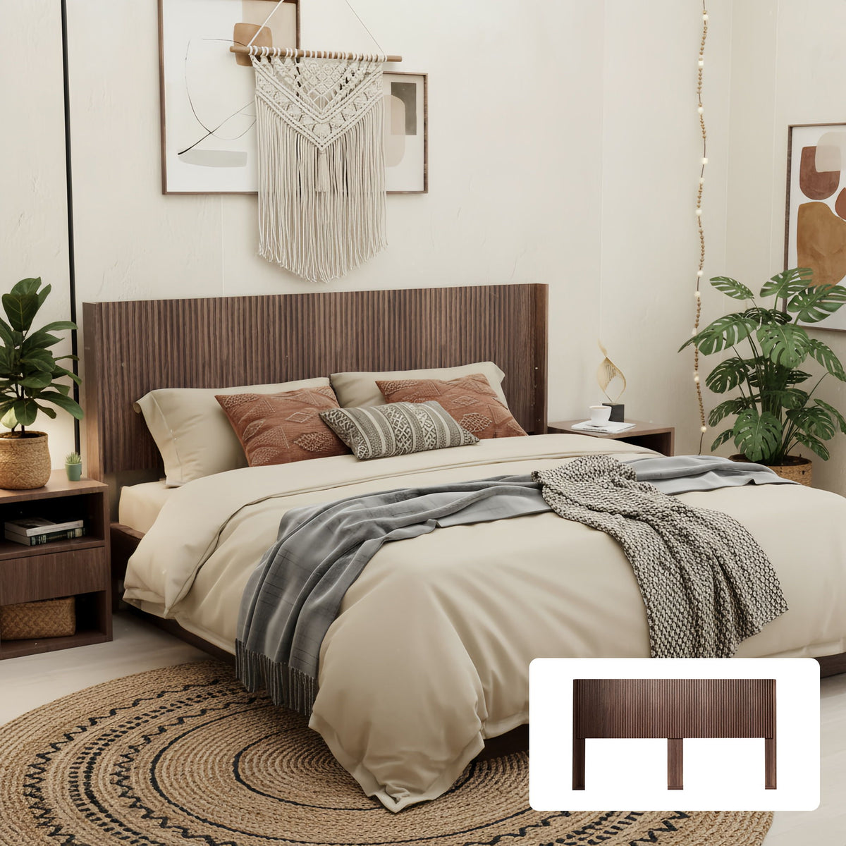 King Size Headboard, Wide Wall Mounted Fluted Panel Wingback - Walnut