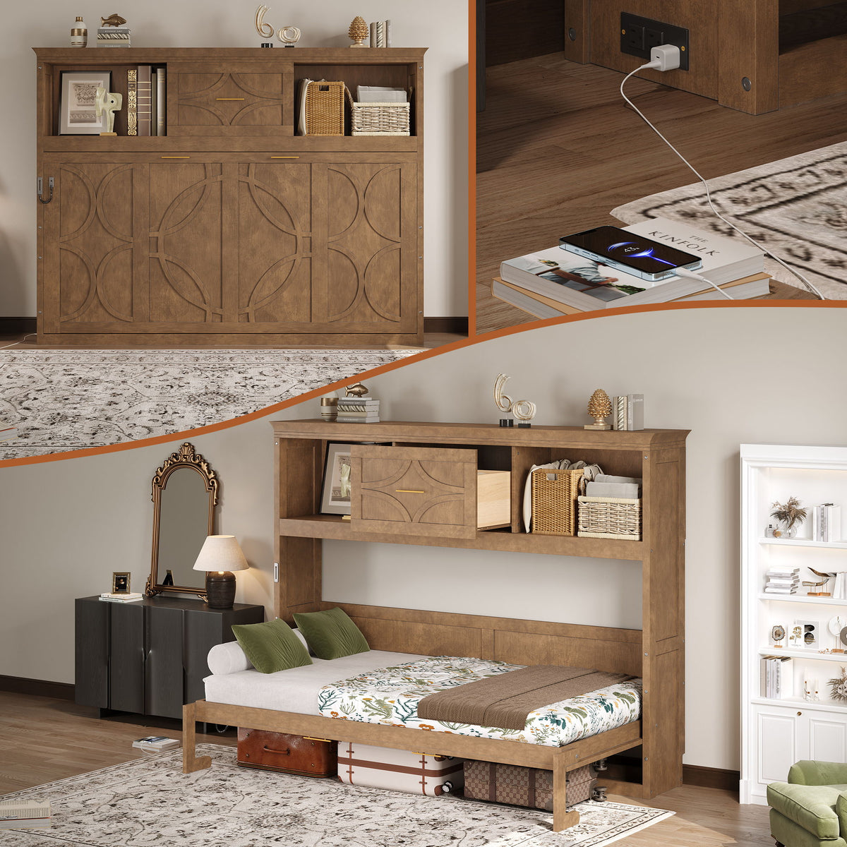 Twin Size Murphy Bed With Charging Station And Drawer - Wood