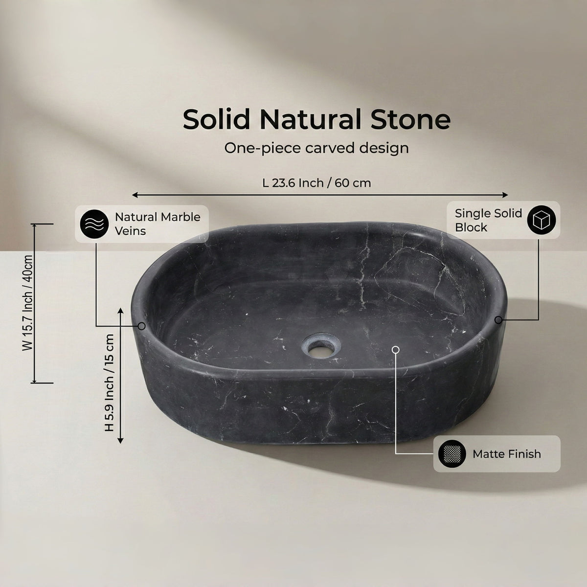 Vessel Sink, Oval Basin, Solid Above-Counter Vanity, Bowl For Master Bathroom - Dark Gray
