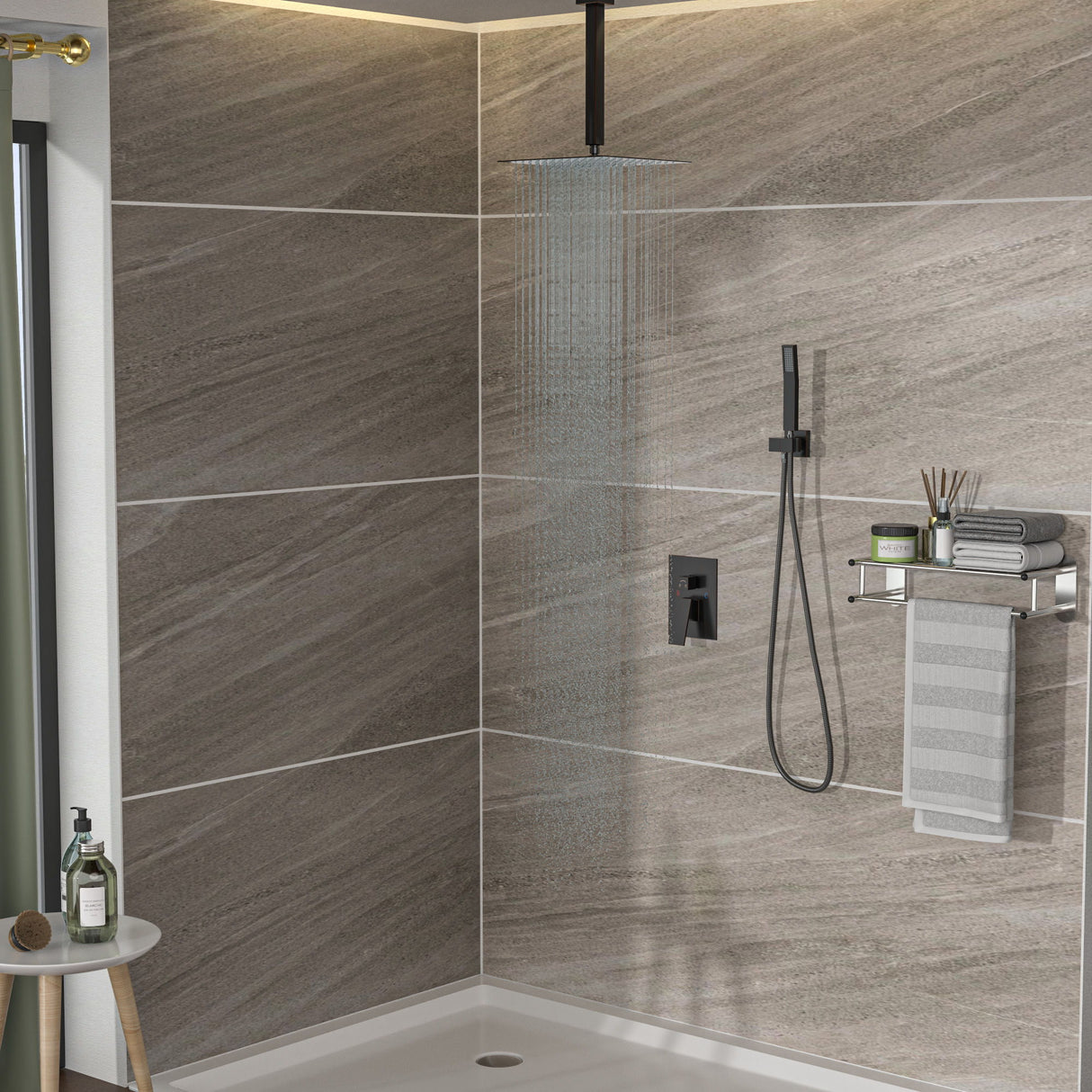 Dual Shower Head Ceiling Mount Square Rain Shower System With Adjustable Flow