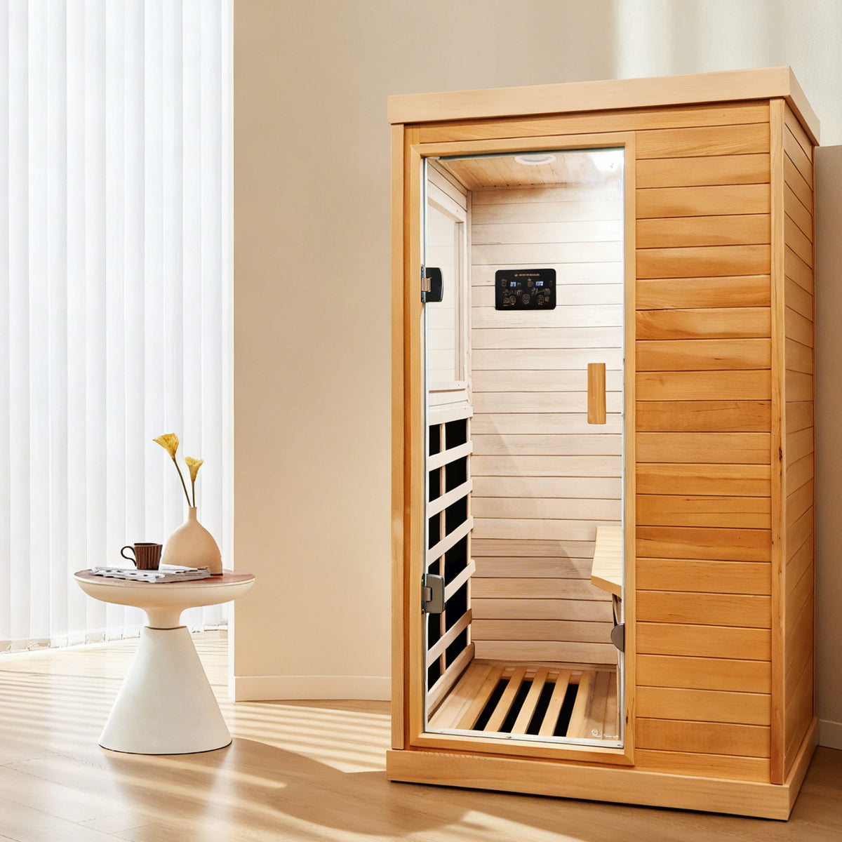 Infrared Sauna Room Single Room With Hemlock Frame, 6 Heating Plates, Built-In Lights And Bluetooth Audio - Natural
