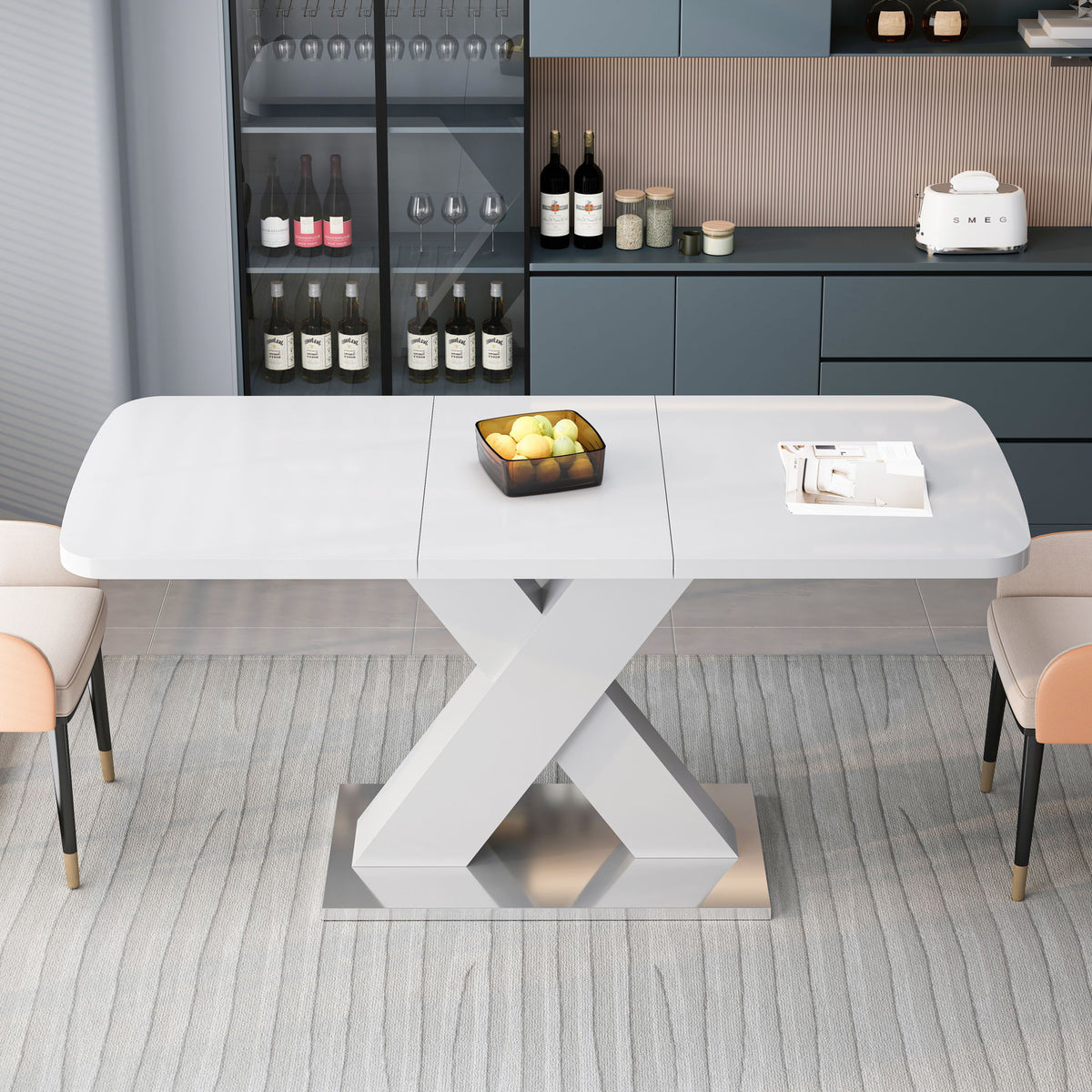 Rectangle Dining Table, Stretchable, X Shape Legs - White