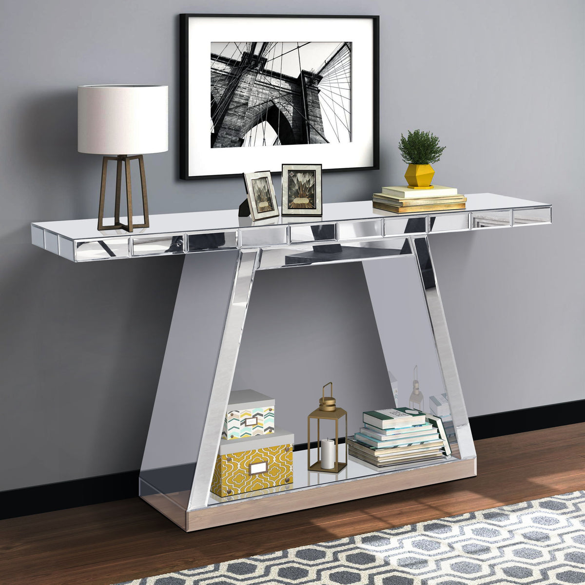 Modern Luxe Full Body Mirror Entryway Table With Trapezoid Base, 360° Reflective Console, Scratch Resistant, Open Storage - Silver