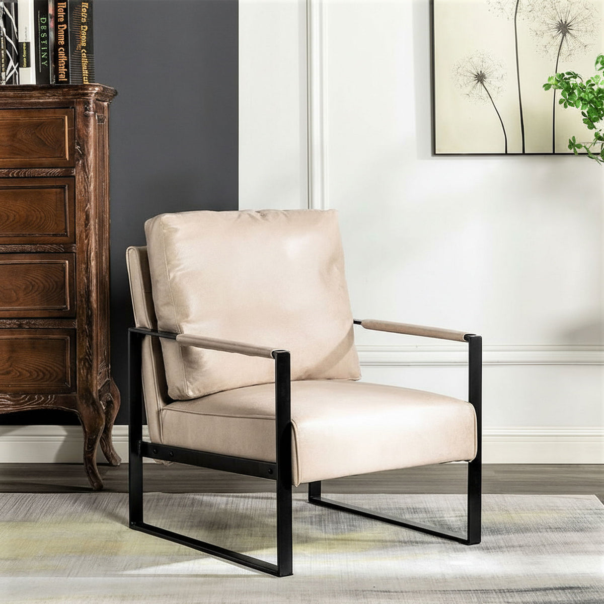 Classic Mid Century Modern Accent Chair With Durable Square Metal Frame, Armchair