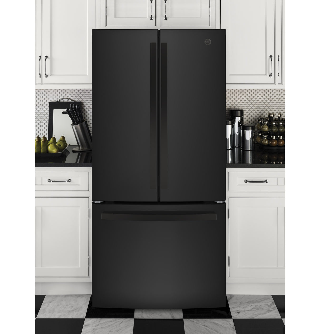 GE GNE25JGKBB - 33 in. 24.7 cu. ft. French Door Refrigerator with Internal Water Dispenser - Black on Black