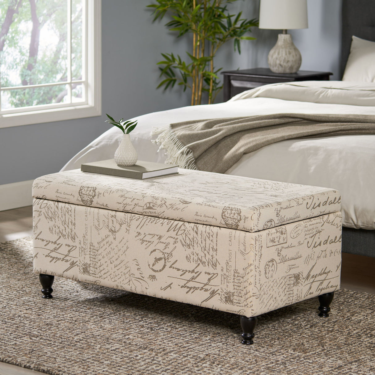 Parisian Upholstered Fabric Storage Ottoman - Beige / Reclaimed Natural