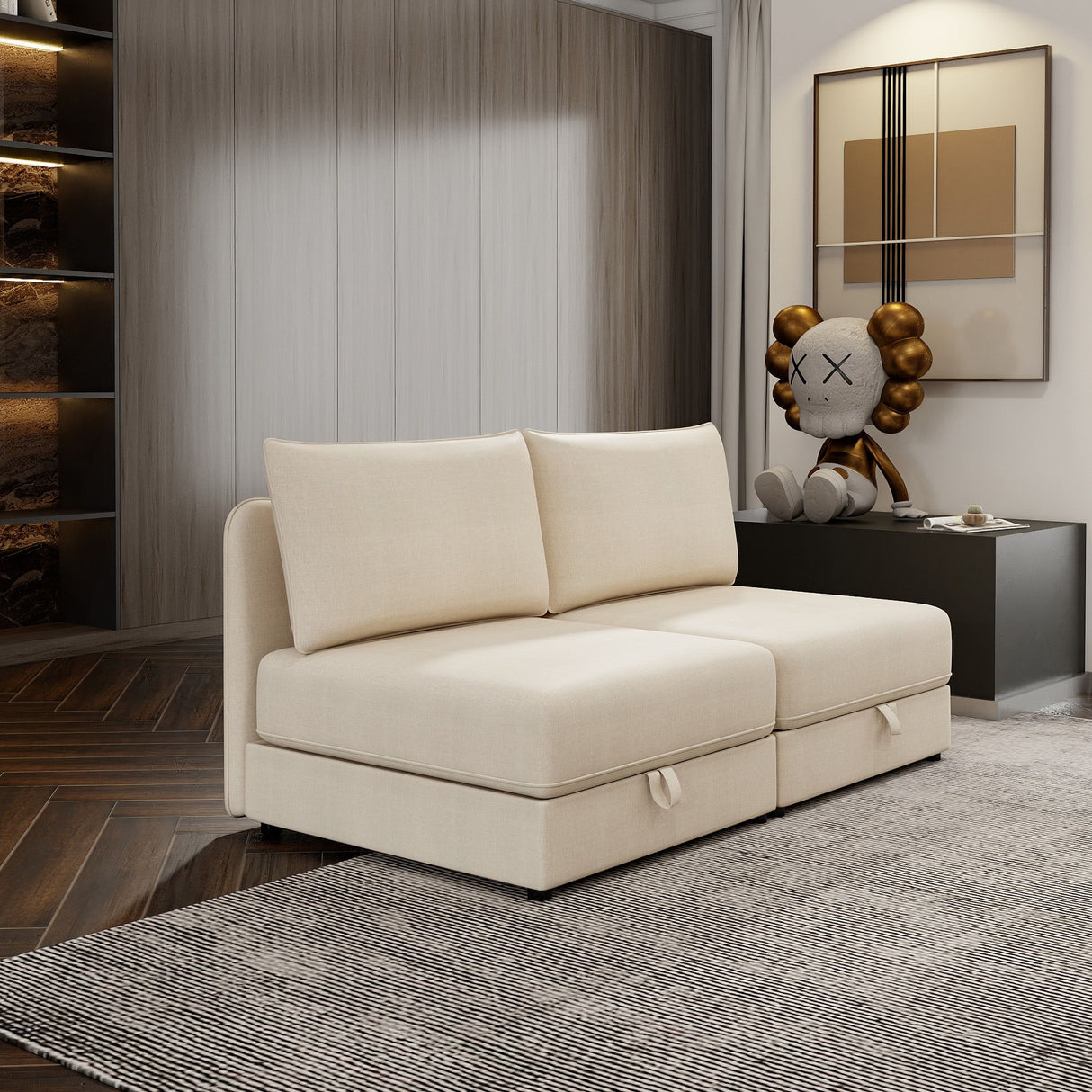 Modular Sectional Sofa With Storage, Convertible 2 Seater Sleeper Sofa - Beige