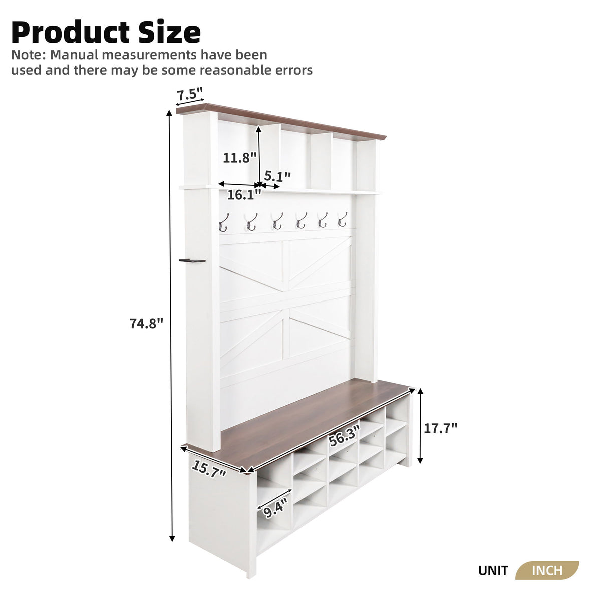 4 In 1 Hall Tree With 6 Hooks, Entryway Bench With Adjustable Shelves - White