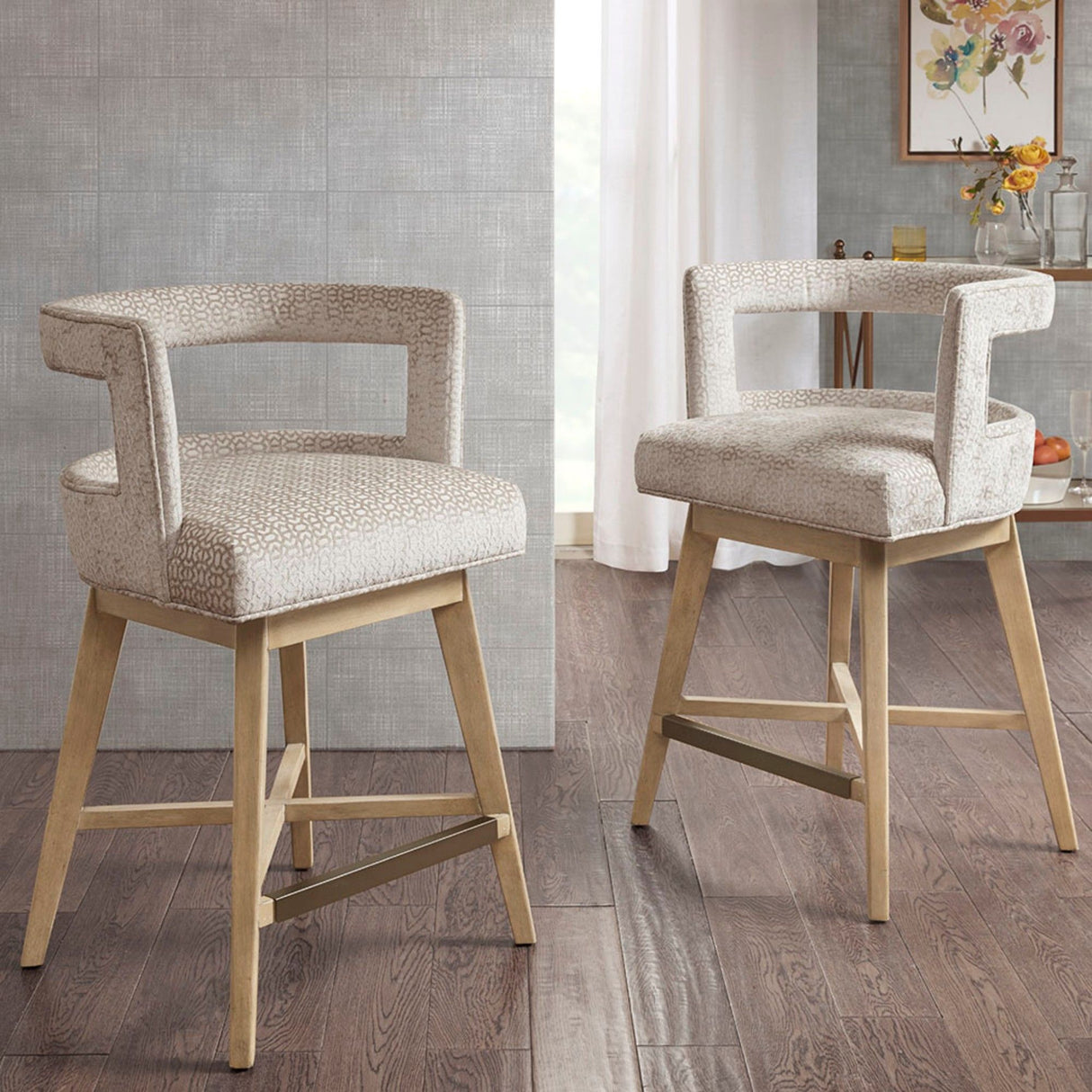 Design Swivel Counter Stool With Low Back Support Polyester And Solid Wood - Cream