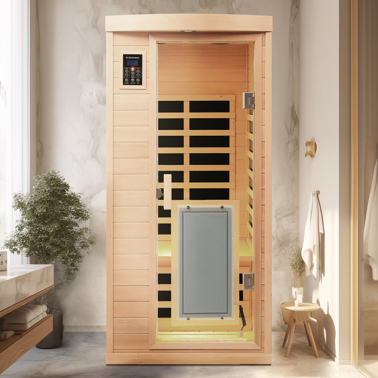 Low Emf Front Door With Heating Panel 1 People Hemlock Far Infrared Indoor Sauna Room - Natural