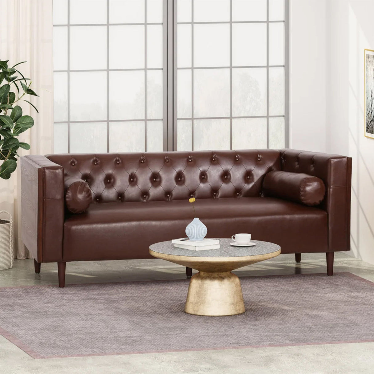 Contemporary 3 Seater Sofa With Tufted Diamond Stitch And Rolled Accent Pillows - Dark Brown