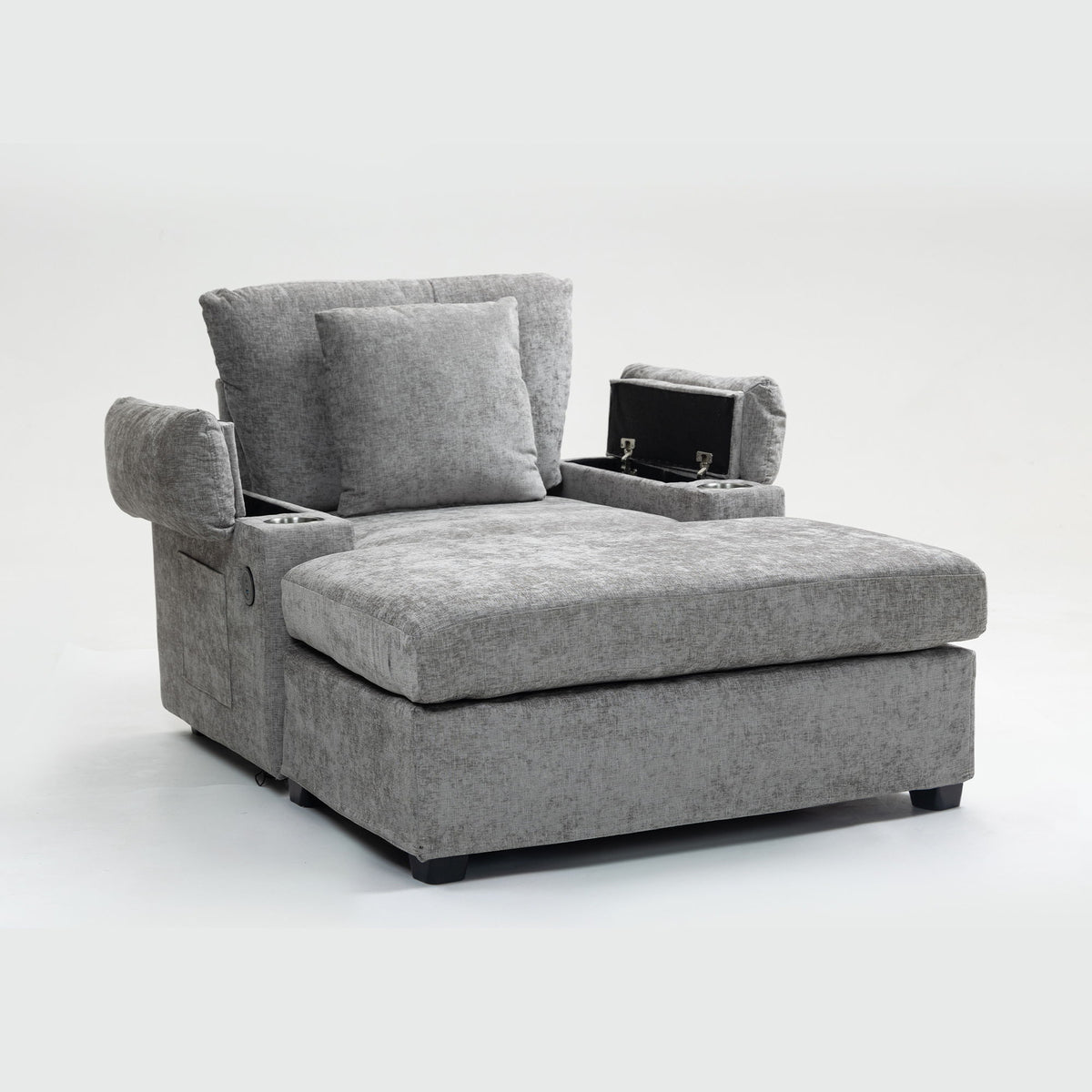 Modern Oversized Chair With Ottoman, Chenille Fabric Sofa Bed, Accent Chair Comfy Sofa With Cupholders And USB Charging Ports Chair For Living Room - Gray