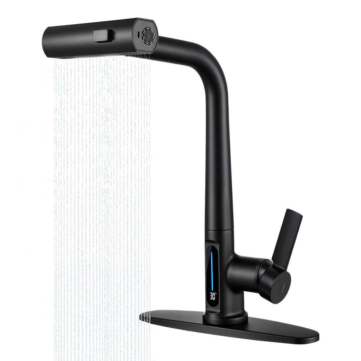 Matte Black Pull-Out Kitchen Faucet With Sprayer, Kitchen Sink Faucet With 3 Spray Modes, Battery-Free LED Temperature Display, 360 Degrees Swivel Spout, Fits 1 Or 3 Hole Sink