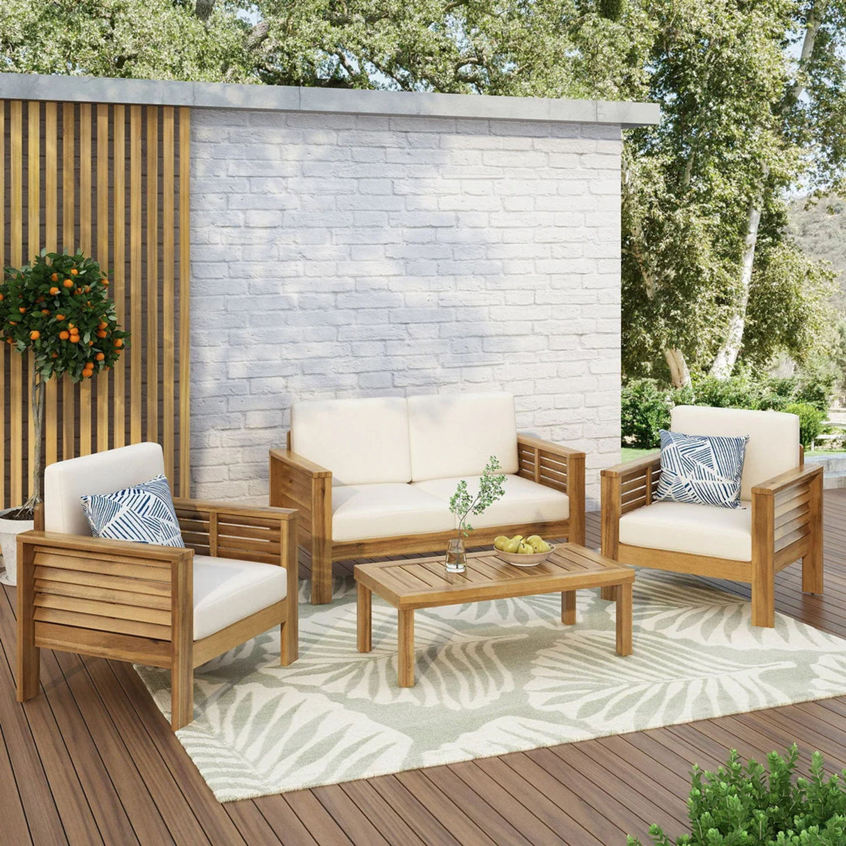 Acacia Wood Loveseat And Coffee Table Set With Cushions