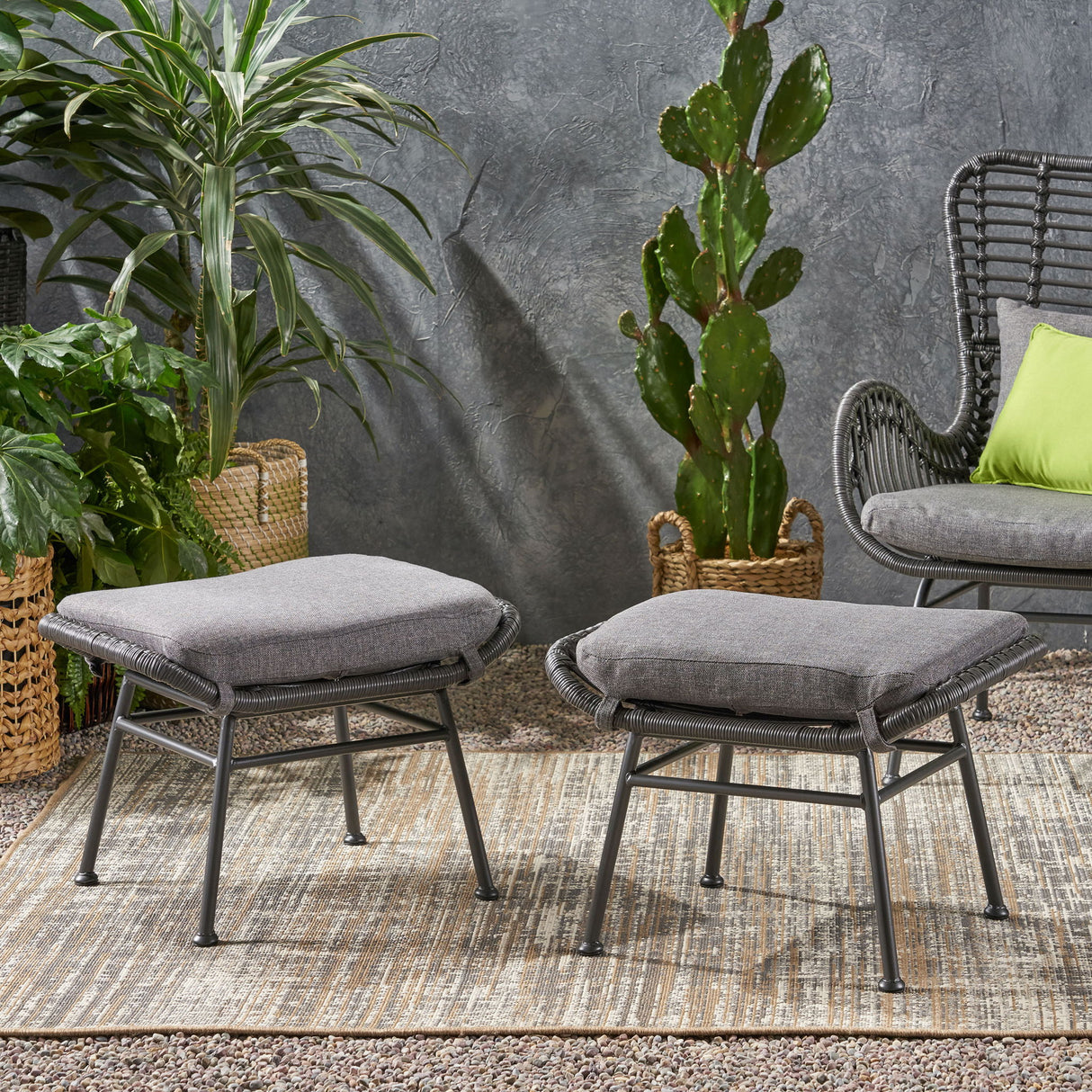 Outdoor Modern Boho Wicker Ottoman With Cushions (Set of 2)