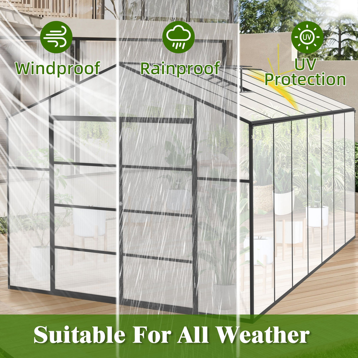 Gain Height Windproof Aluminum Greenhouse With Raised Base