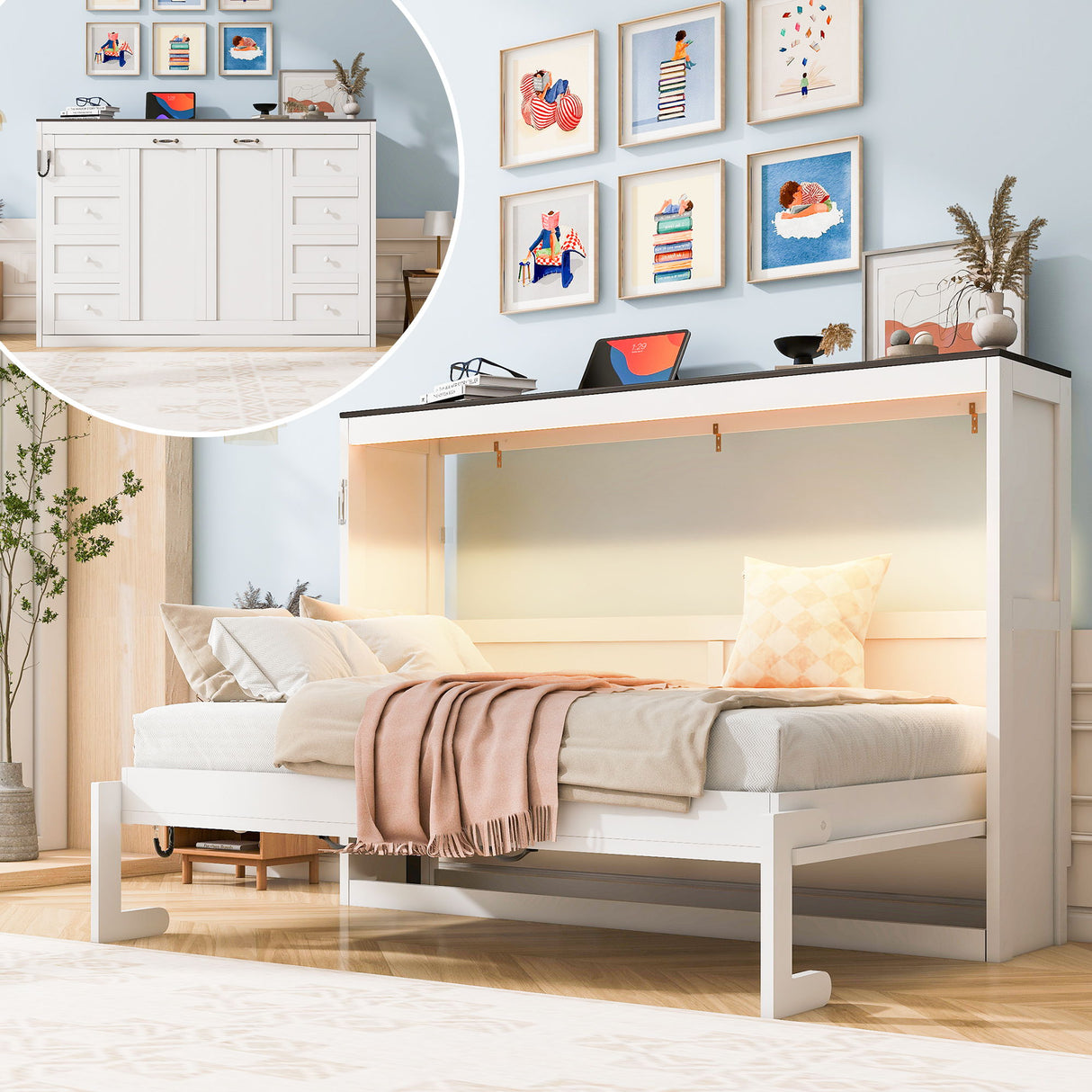 Murphy Bed With LED Light, Foldable Wall Bed Cabinet