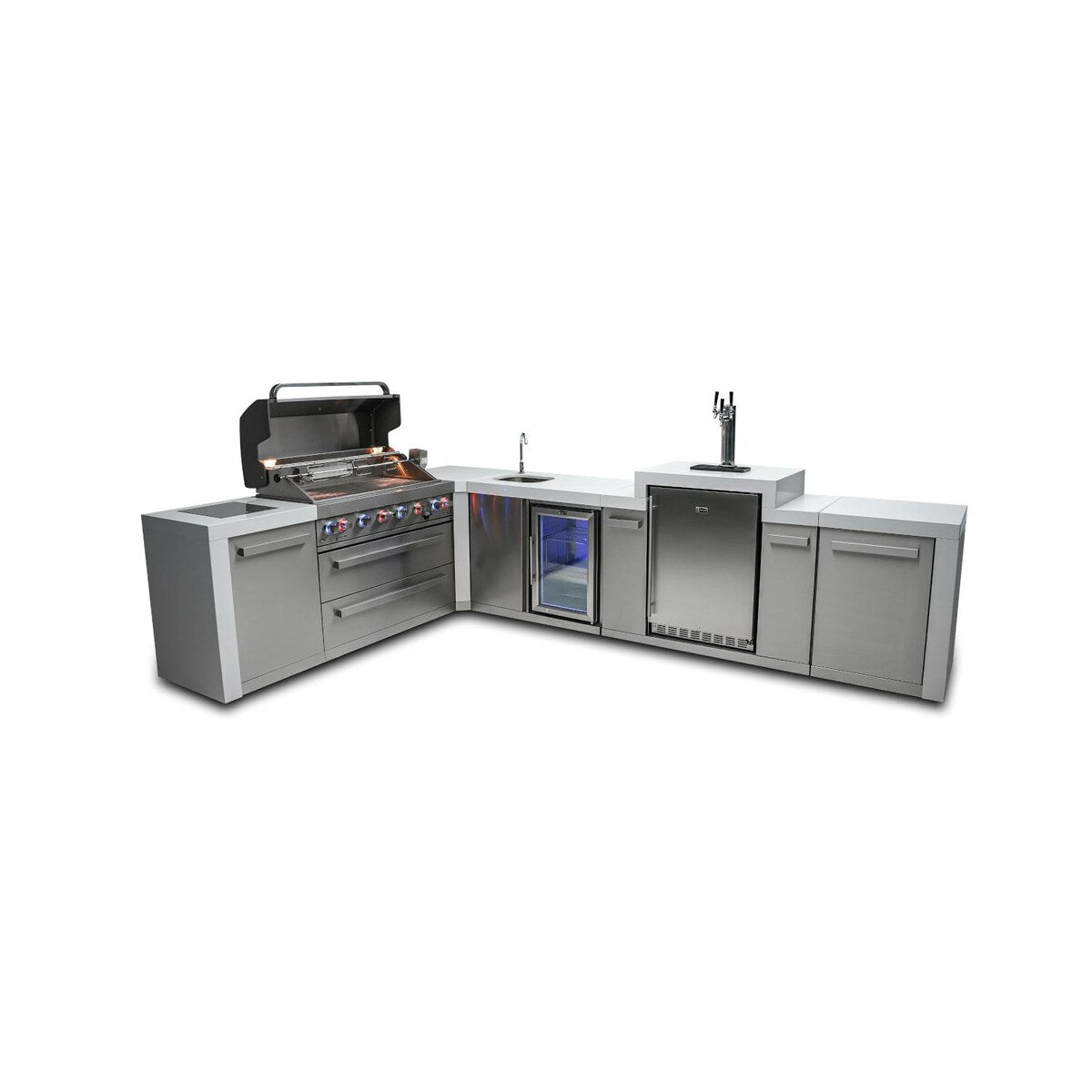 Mont Alpi 11.5 Ft L-Shaped Propane Outdoor Kitchen Island w/ Side Burner, Beverage Center & Kegerator - MAi805-D90KEGBEV